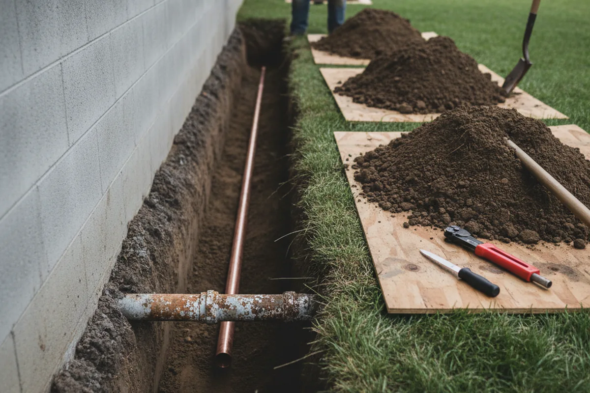 Excavated water line trench during Sewer Line Repair in Millburn